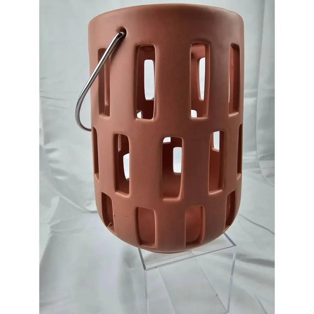 Terracotta Ceramic Lantern Modern Cutout Candle Holder Metal Handle Burnt Orange